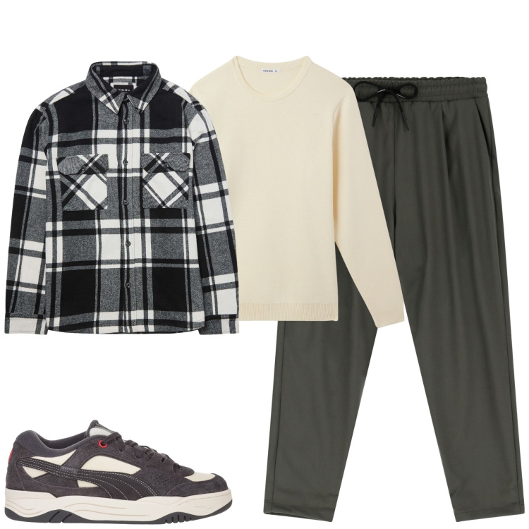 Outfit uomo - City. Stile Casual per Tutti i giorni. Abbinamento con sneakers, maglieria, cappotti, pantaloni.