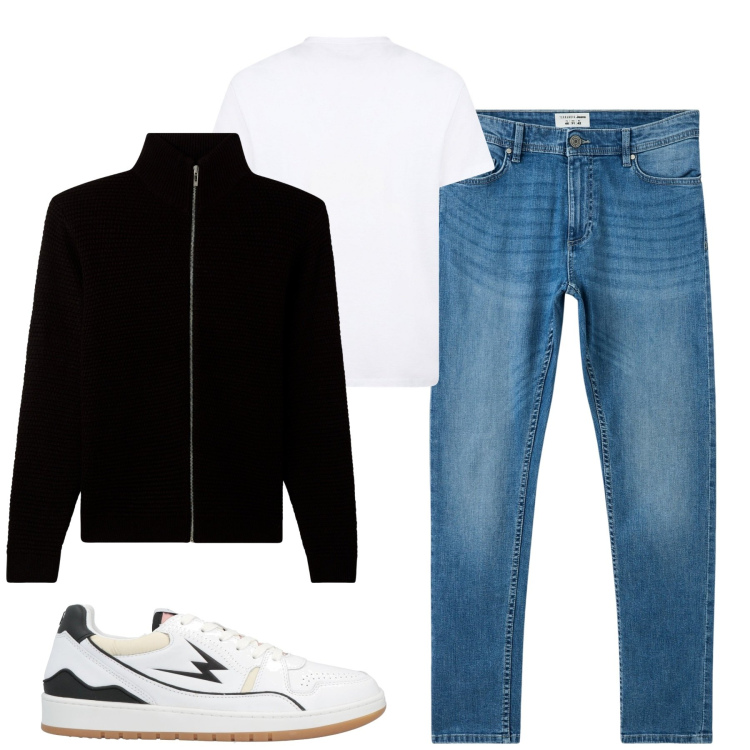 Outfit uomo - Total look #2040169. Stile Casual per Tutti i giorni. Abbinamento con sneakers, jeans skinny, cardigans, t-shirt.