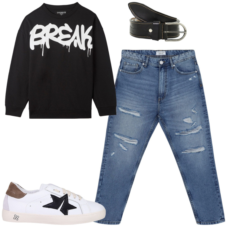 Outfit uomo - City. Stile Casual per Tutti i giorni. Abbinamento con sneakers, cinture, jeans strappati, felpe.