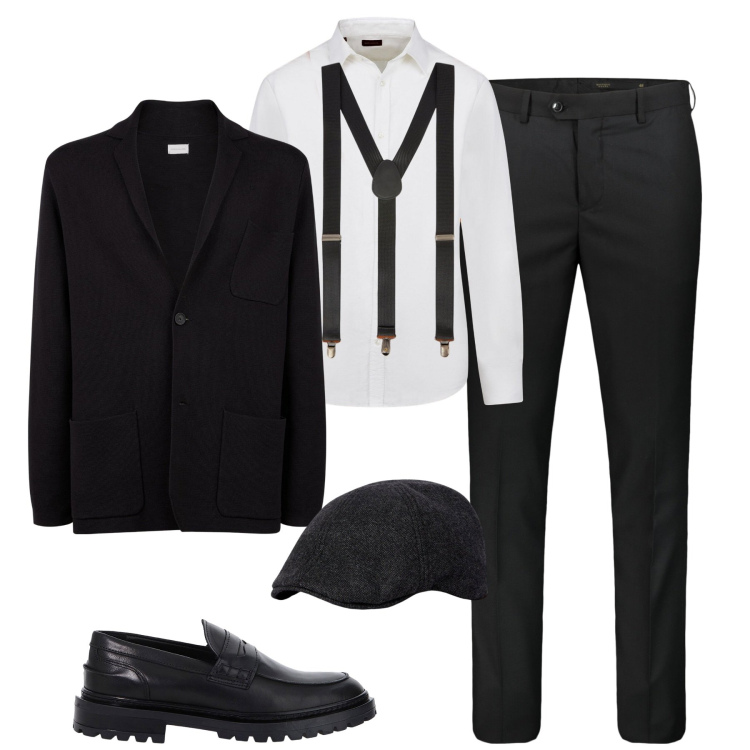 Outfit uomo - City. Stile Business/Elegante per Tutti i giorni. Abbinamento con scarpe stringate, bretelle, cardigans, pantaloni, camicie, cappelli con visiera.