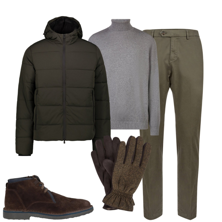 Outfit uomo - City. Stile Urban per Tutti i giorni. Abbinamento con stivali e stivaletti, piumini, pantaloni chino, guanti, maglieria.