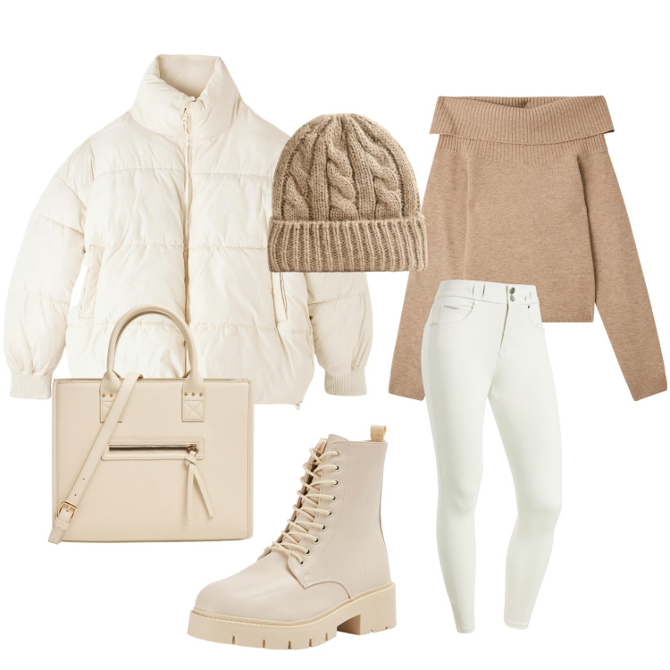 Outfit donna - Total look #2040179. Stile Casual per Tutti i giorni. Abbinamento con berretti, shopping bag, maglieria, piumini, anfibi, pantaloni skinny.