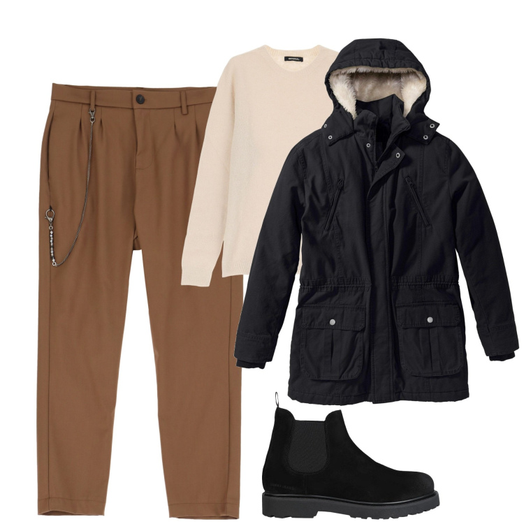 Outfit uomo - City. Stile Urban per Tutti i giorni. Abbinamento con parka, stivali e stivaletti, pantaloni, maglieria.