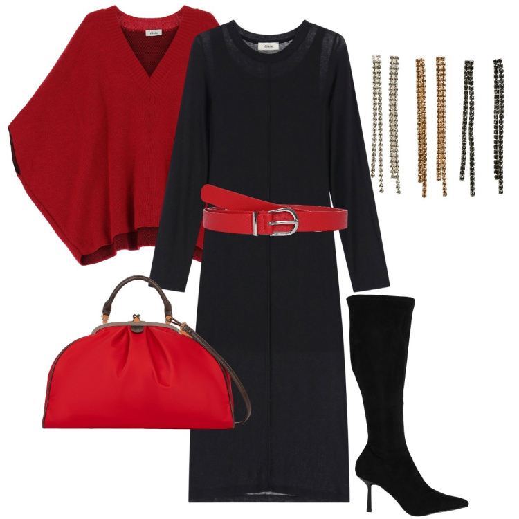 Outfit donna - Dettagli rossi. Stile Bon Ton per Serata fuori. Abbinamento con stivali, cinture, orecchini, vestiti midi/longuette, cappotti, borse a spalla.
