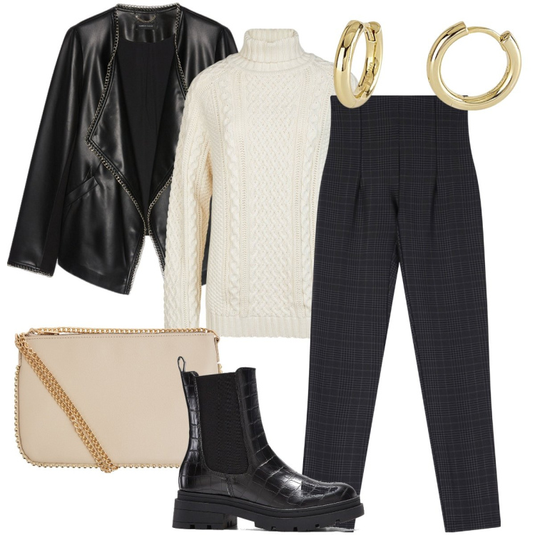 Outfit donna - Il dolcevita a trecce. Stile Urban per Ufficio. Abbinamento con stivaletti chelsea, borse a tracolla, orecchini, pantaloni, maglieria, blazer.