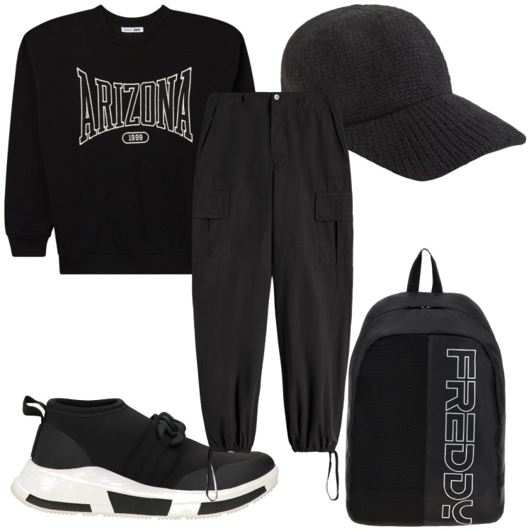 Outfit donna - Total look #2040216. Stile Trendy per Sport. Abbinamento con sneakers, felpe, cappelli, zaini, pantaloni cargo.