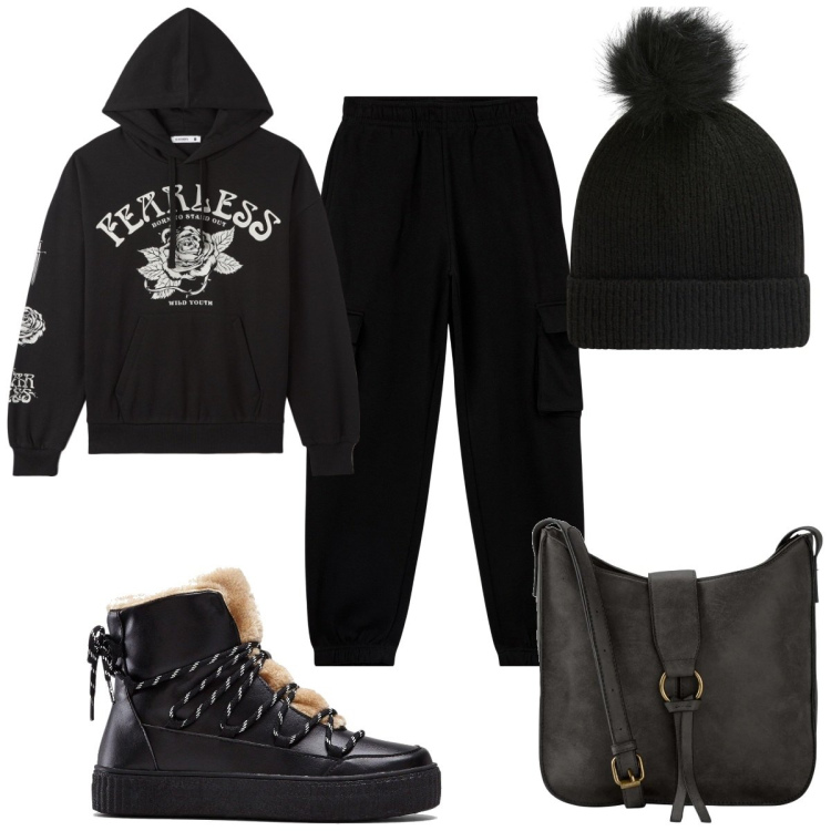 Outfit donna - Total look #2040224. Stile Urban per Tutti i giorni. Abbinamento con borse a tracolla, sneakers alte, pantaloni cargo, felpe con cappuccio, berretti.