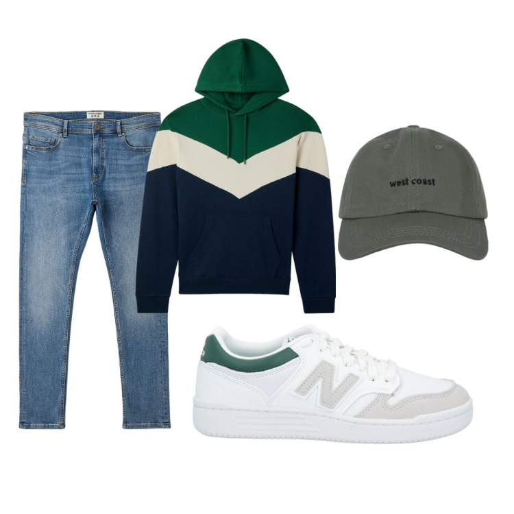 Outfit uomo - Total look #2040226. Stile Casual per Tutti i giorni. Abbinamento con sneakers, felpe con cappuccio, jeans skinny, cappelli con visiera.