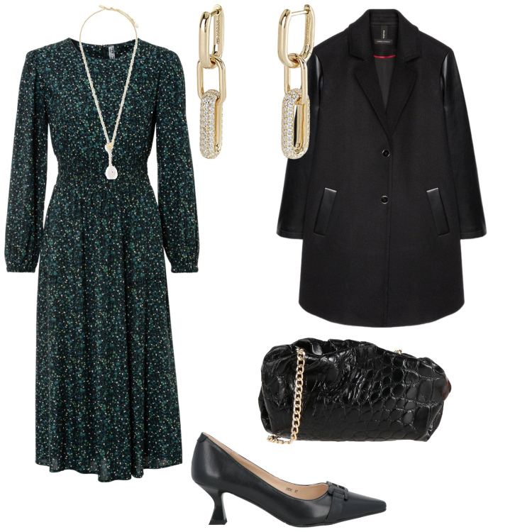 Outfit donna - Sabato sera a cena fuori. per Serata fuori. Abbinamento con vestiti midi/longuette, décolleté, collane, borse a tracolla, orecchini, cappotti.