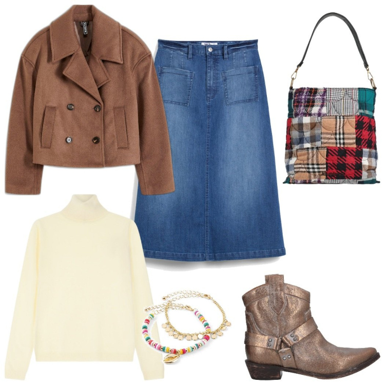 Outfit donna - La gonna denim. Stile Trendy per Tutti i giorni. Abbinamento con gonne longuette, caban, braccialetti con ciondoli, borse a mano, stivaletti texani, maglieria.