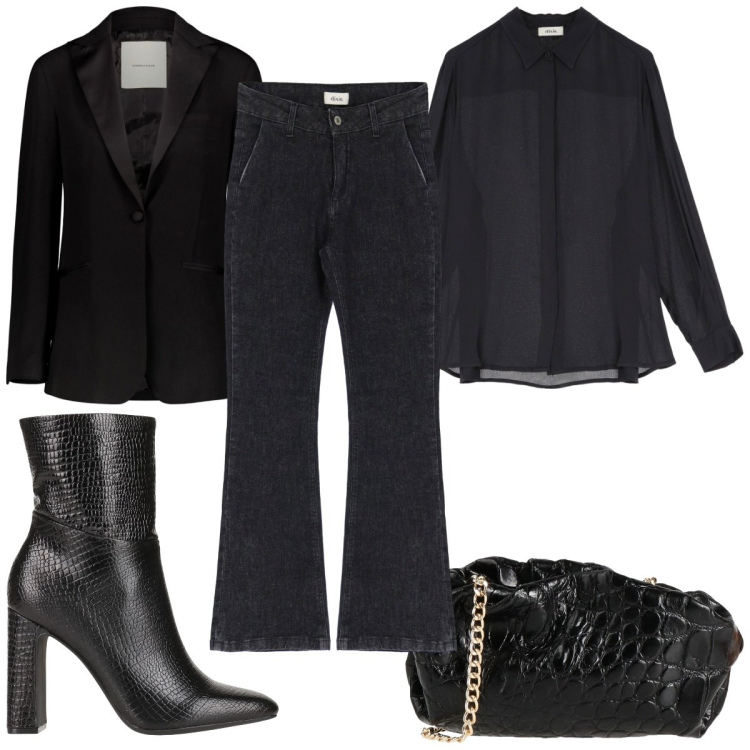 Outfit donna - Total look #2040231. Stile Trendy per Serata fuori. Abbinamento con stivaletti, borse a tracolla, jeans, camicie, giacche.