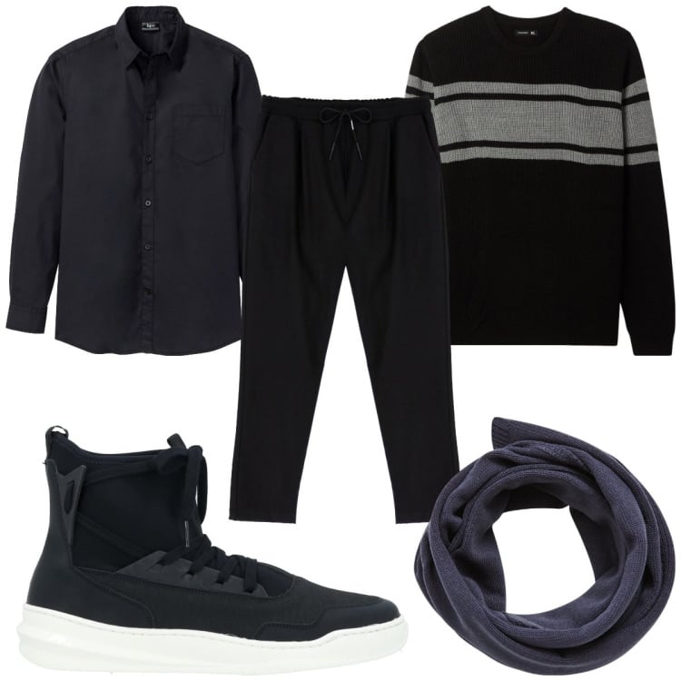 Outfit uomo - Total look #2040235. Stile Trendy per Tutti i giorni. Abbinamento con camicie, sneakers, sciarpe, maglieria, pantaloni.