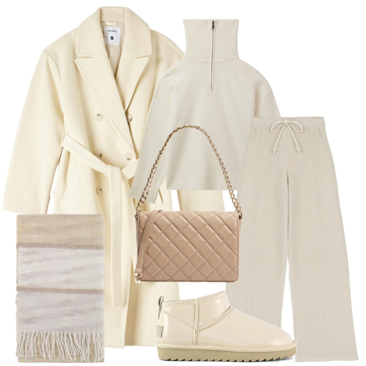 Outfit donna - Total look #2040236. Stile Urban per Tutti i giorni. Abbinamento con pantaloni, foulard, cappotti, maglieria, borse a tracolla, stivali.