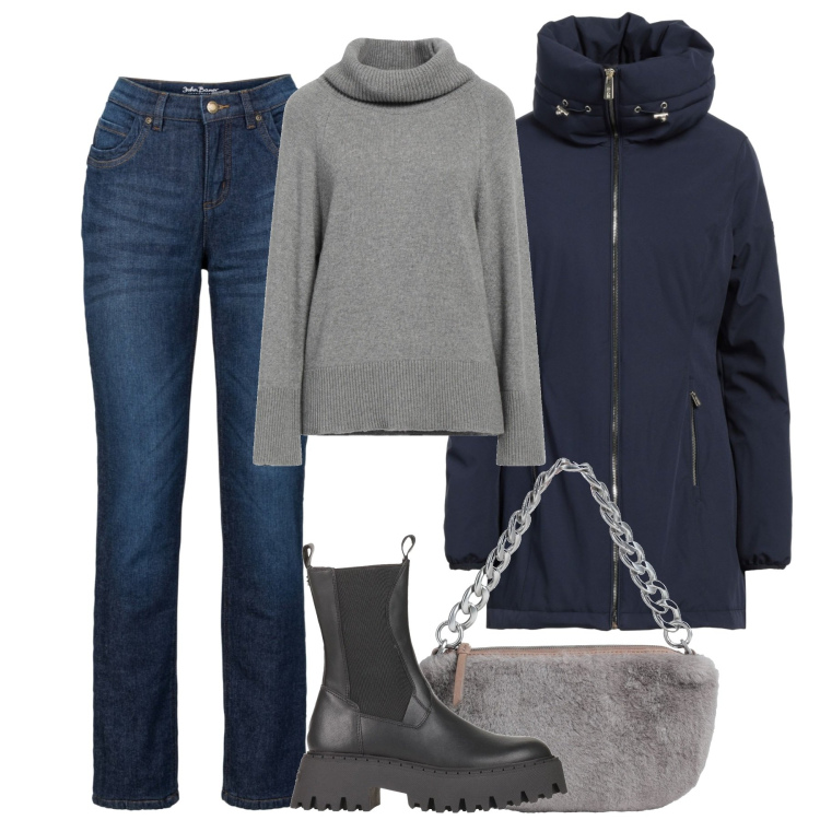 Outfit donna - City. Stile Casual chic per Tutti i giorni. Abbinamento con jeans dritti, piumini, stivaletti, maglieria, borse a mano.