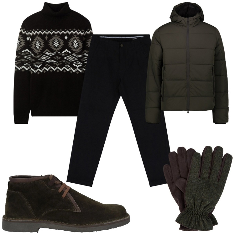 Outfit uomo - Total look #2040246. Stile Trendy per Tutti i giorni. Abbinamento con stivali e stivaletti, maglieria, pantaloni chino, piumini, guanti.