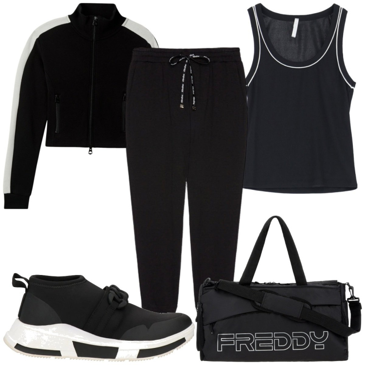 Outfit donna - Total look #2040253. Stile Trendy per Sport. Abbinamento con sneakers, felpe, canottiere, borse sportive, pantaloni.