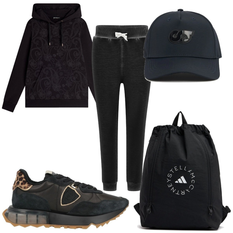 Outfit donna - Total look #2040254. Stile Trendy per Sport. Abbinamento con sneakers, felpe con cappuccio, pantaloni, zaini, cappelli.
