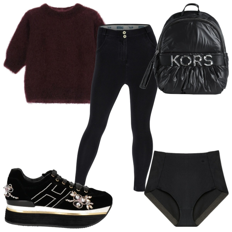 Outfit donna - Total look #2040257. Stile Trendy per Sport. Abbinamento con zaini, sneakers, jeggings, maglieria, culotte.