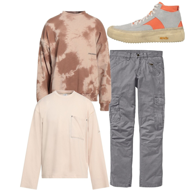 Outfit uomo - City. Stile Casual per Tutti i giorni. Abbinamento con pantaloni cargo, sneakers alte, felpe, t-shirt.
