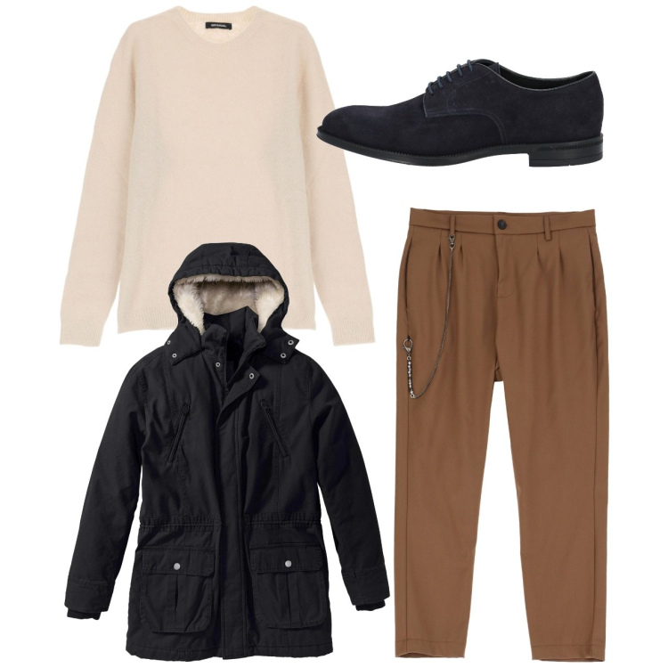 Outfit uomo - City. Stile Casual per Tutti i giorni. Abbinamento con parka, scarpe stringate, pantaloni, maglieria.