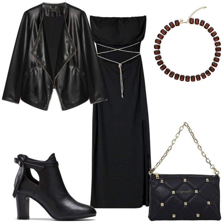 Outfit donna - Total look #2040265. Stile Trendy per Serata fuori. Abbinamento con stivaletti, vestiti lunghi, collane, borse a spalla, blazer.
