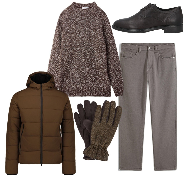 Outfit uomo - City. Stile Casual per Tutti i giorni. Abbinamento con pantaloni, scarpe stringate, maglieria, guanti, piumini.