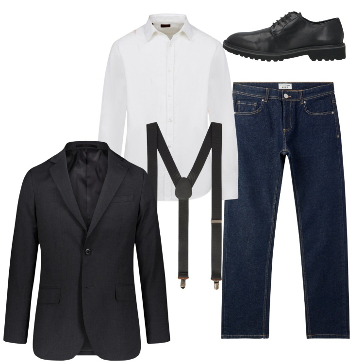 Outfit uomo - City. Stile Trendy per Serata speciale. Abbinamento con scarpe stringate, jeans, bretelle, giacche, camicie.