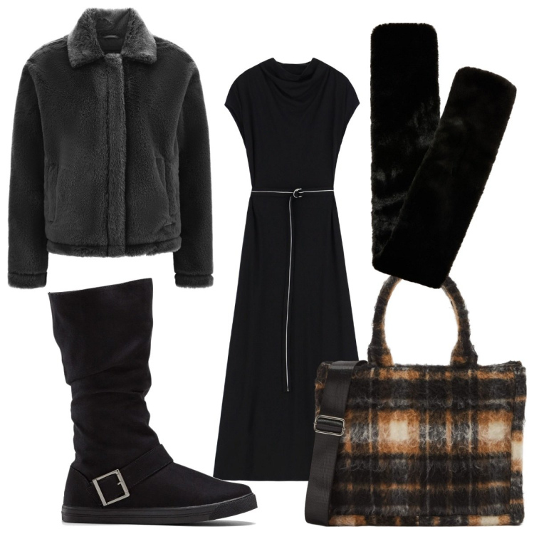 Outfit donna - Total look #2040280. Stile Trendy per Tutti i giorni. Abbinamento con stivali, shopping bag, sciarpe, vestiti lunghi, cappotti.