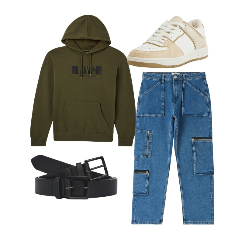 Outfit uomo - City. Stile Urban per Tutti i giorni. Abbinamento con jeans, felpe con cappuccio, sneakers, cinture.