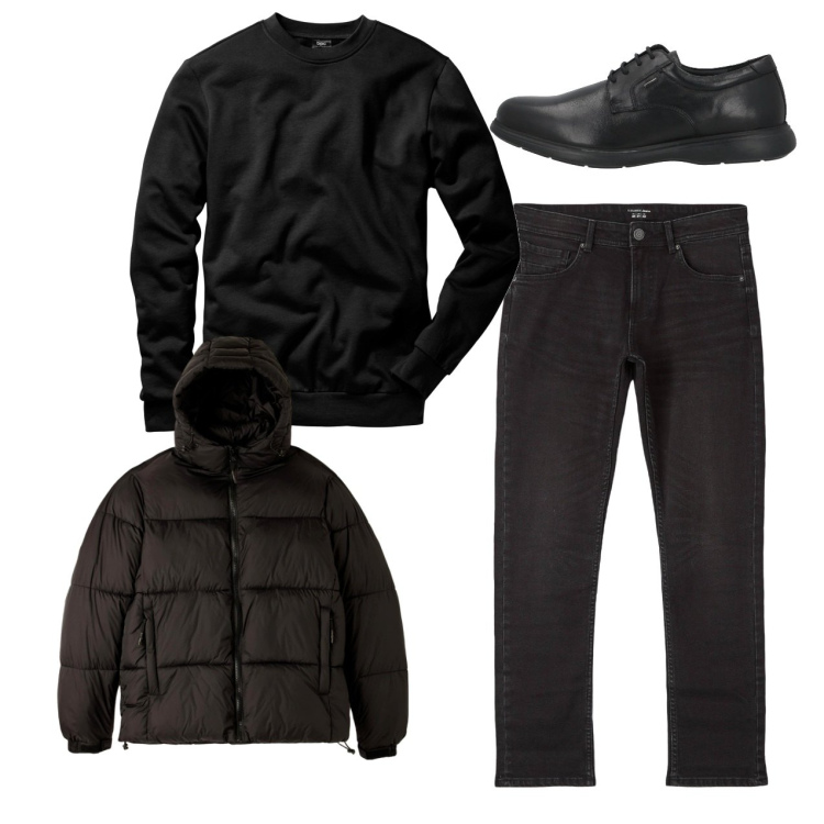 Outfit uomo - City. Stile Urban per Tutti i giorni. Abbinamento con felpe, scarpe stringate, jeans, piumini.