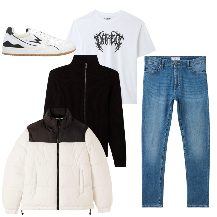 Outfit uomo - City. Stile Casual per Tutti i giorni. Abbinamento con sneakers, jeans skinny, cardigans, t-shirt, piumini.