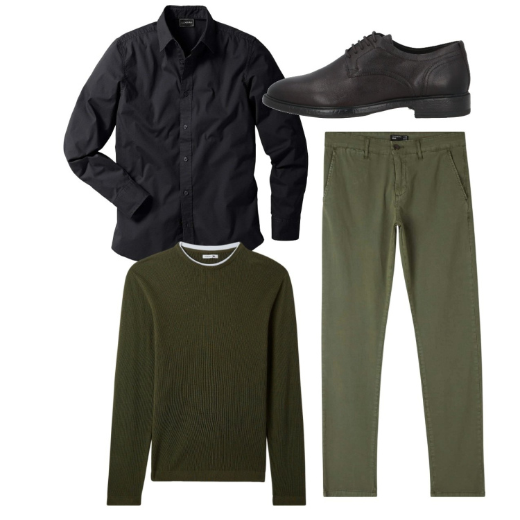 Outfit uomo - City. Stile Casual per Tutti i giorni. Abbinamento con camicie, scarpe stringate, pantaloni chino, maglieria.