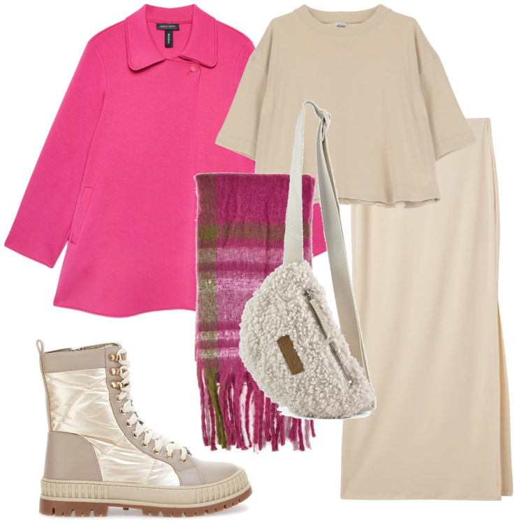 Outfit donna - Fucsia e panna. Stile Casual chic per Tutti i giorni. Abbinamento con gonne lunghe, maglieria, stivaletti, marsupi, sciarpe, cappotti.