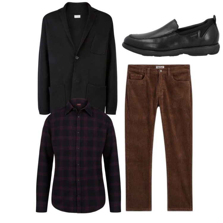 Outfit uomo - City. Stile Casual per Tutti i giorni. Abbinamento con pantaloni, scarpe stringate, camicie, cardigans.