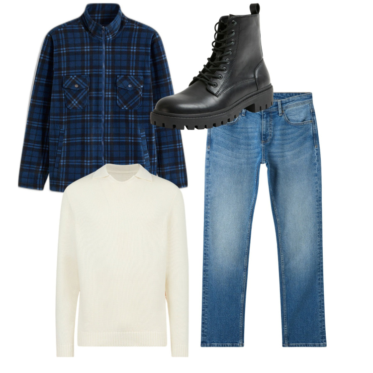Outfit uomo - City. Stile Casual per Tutti i giorni. Abbinamento con giacche, jeans, anfibi, maglieria.