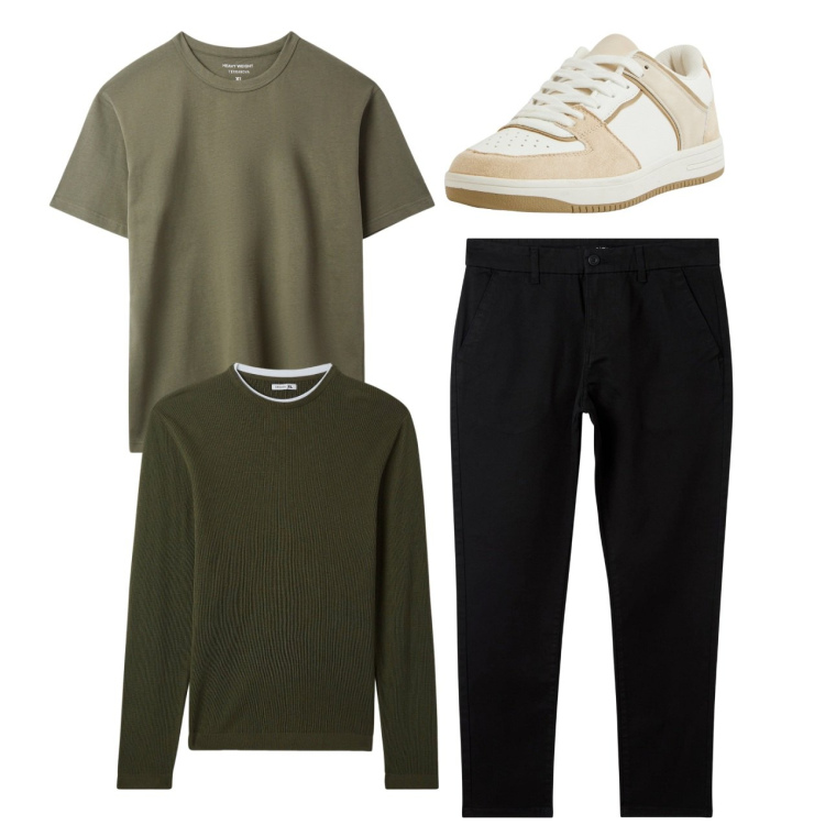 Outfit uomo - City. Stile Casual per Tutti i giorni. Abbinamento con t-shirt, maglieria, sneakers, pantaloni chino.