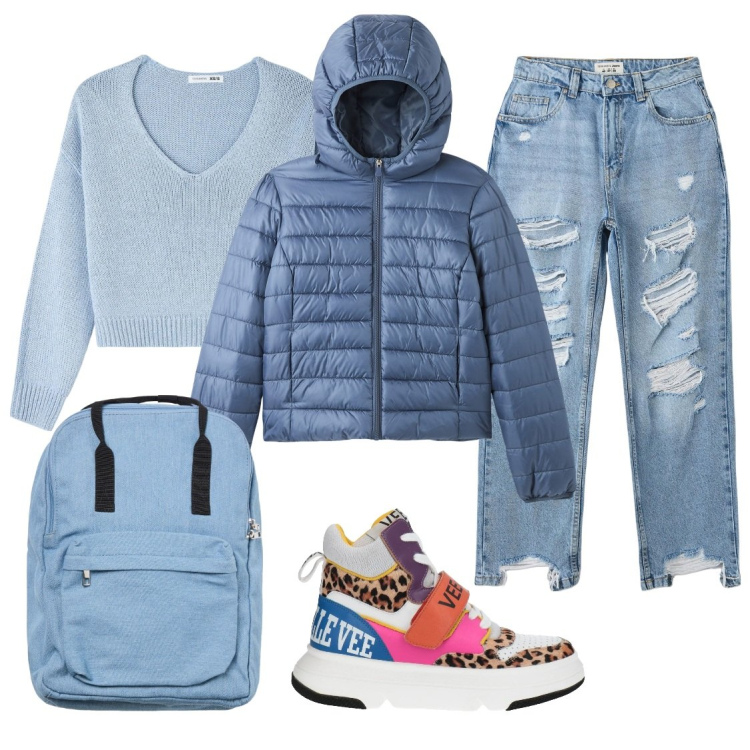 Outfit donna - A scuola. Stile Casual per Scuola/Università. Abbinamento con sneakers, blazer, jeans dritti, maglieria, zaini.