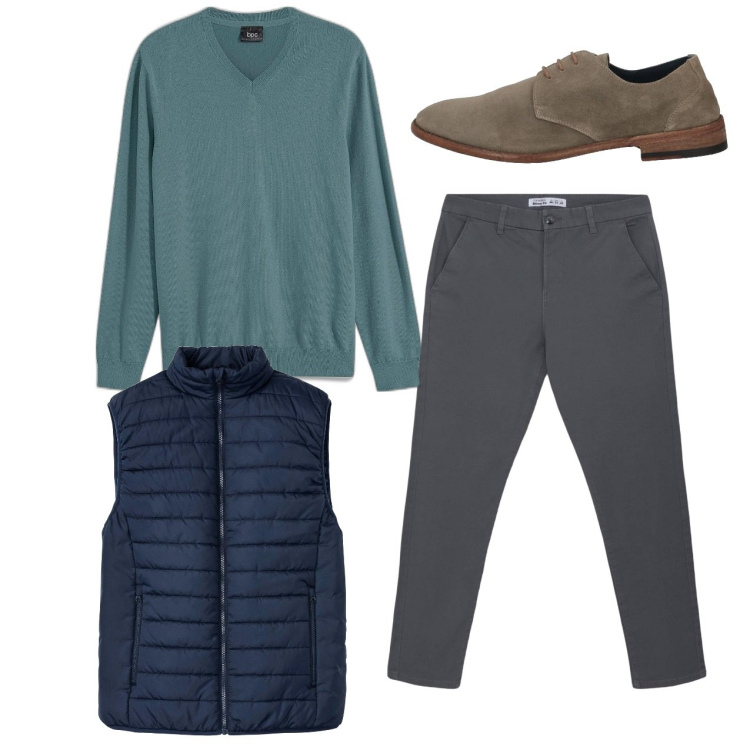 Outfit uomo - City. Stile Trendy per Tutti i giorni. Abbinamento con gilet, maglieria, scarpe stringate, pantaloni chino.