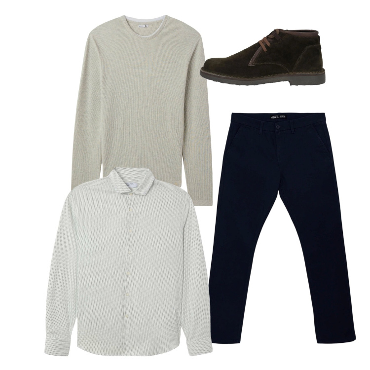 Outfit uomo - City. Stile Casual per Tutti i giorni. Abbinamento con stivali e stivaletti, camicie, maglieria, pantaloni chino.