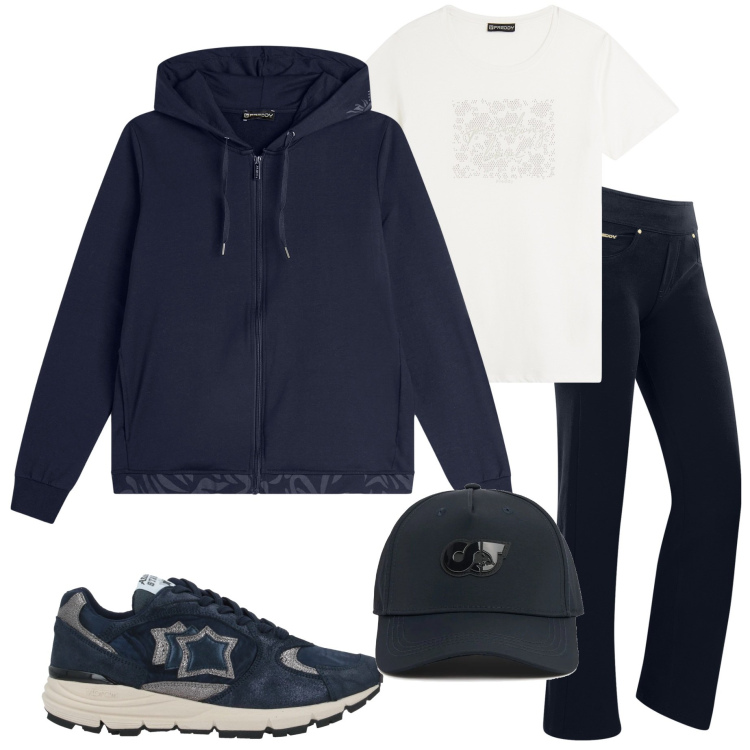Outfit donna - Giorno libero. Stile Casual per Sport. Abbinamento con sneakers, felpe con cappuccio, t-shirt, pantaloni, cappelli.