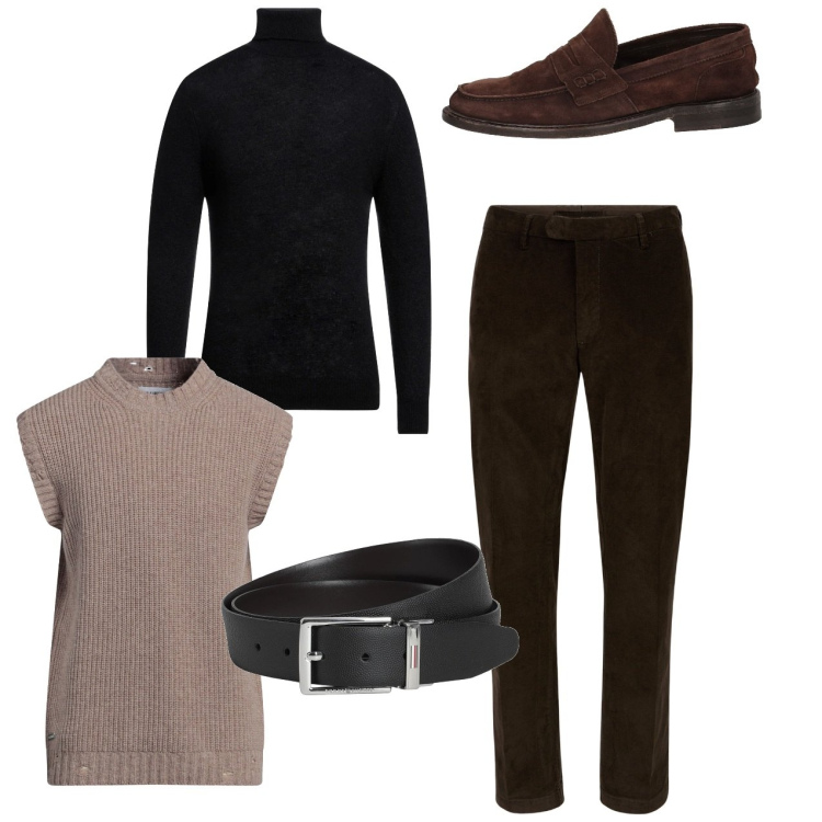 Outfit uomo - City. Stile Trendy per Serata speciale. Abbinamento con cinture, pullovers, maglieria, scarpe stringate, pantaloni.