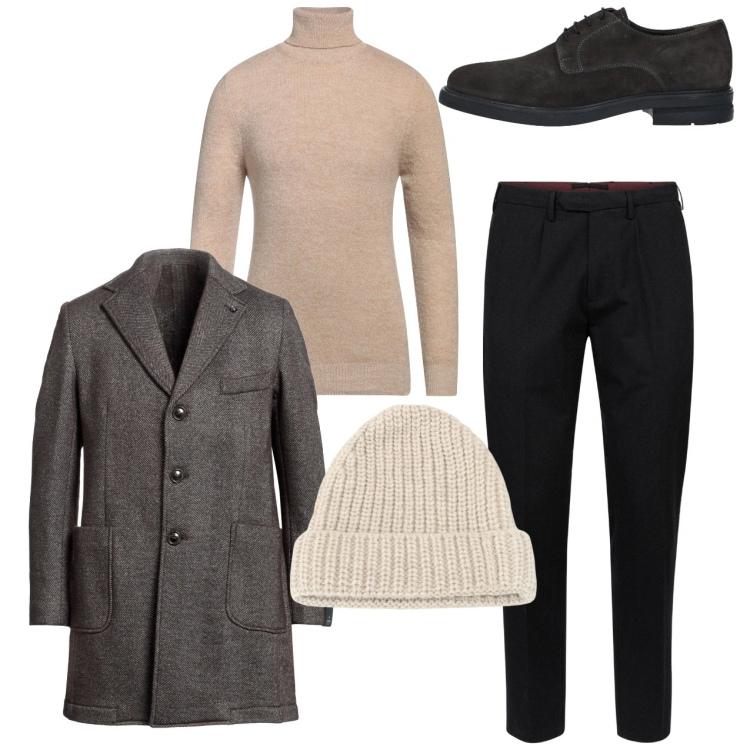 Outfit uomo - Un cappotto di classe. Stile Trendy per Ufficio. Abbinamento con cappotti, maglieria, scarpe stringate, berretti, pantaloni.
