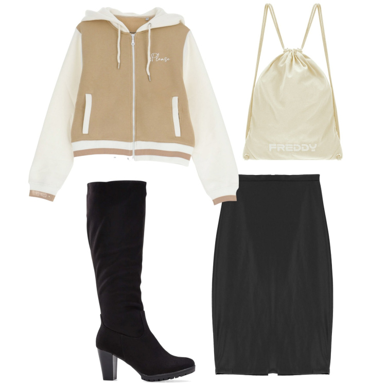 Outfit donna - Fino a sera. Stile Urban per Tutti i giorni. Abbinamento con stivali, felpe con cappuccio, zaini, gonne.