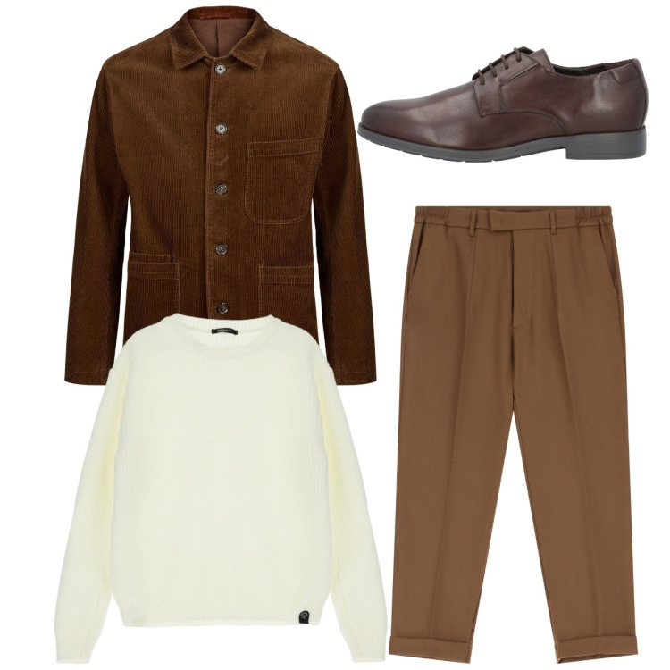 Outfit uomo - Brown city. Stile Trendy per Ufficio. Abbinamento con scarpe stringate, pantaloni, maglieria, giacche.