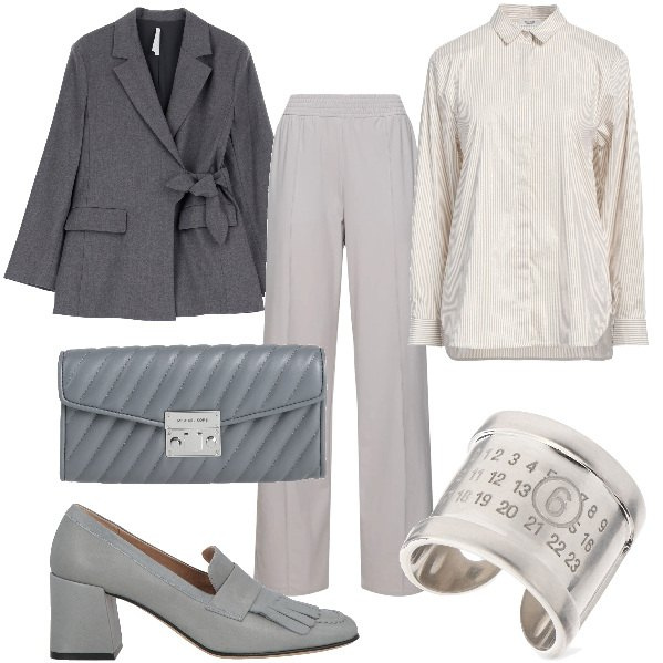 Outfit donna - Total look #2040361. Stile Chic per Ufficio. Abbinamento con camicie, borse a mano, mocassini, blazer, pantaloni, anelli.