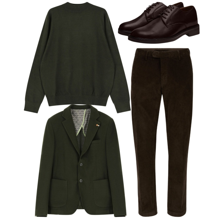 Outfit uomo - Elegante in city. Stile Trendy per Serata speciale. Abbinamento con giacche, maglieria, pantaloni, scarpe stringate.