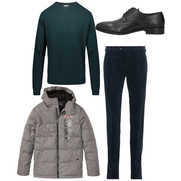 Outfit uomo - Sobrio in ufficio. Stile Casual per Ufficio. Abbinamento con giacche, pantaloni, scarpe stringate, maglieria.