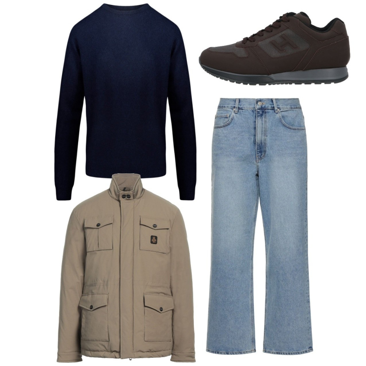 Outfit uomo - City. Stile Urban per Tutti i giorni. Abbinamento con giacche, sneakers, maglieria, jeans.