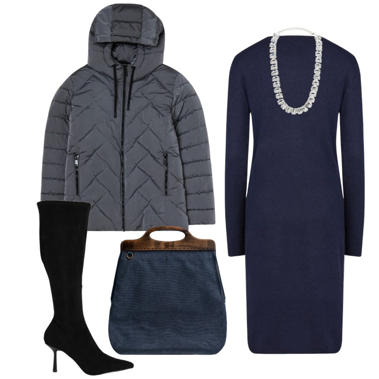 Outfit donna - Cena dopo il lavoro. Stile Chic per Serata fuori. Abbinamento con stivali, blazer, collane, vestiti midi/longuette, borse a tracolla.