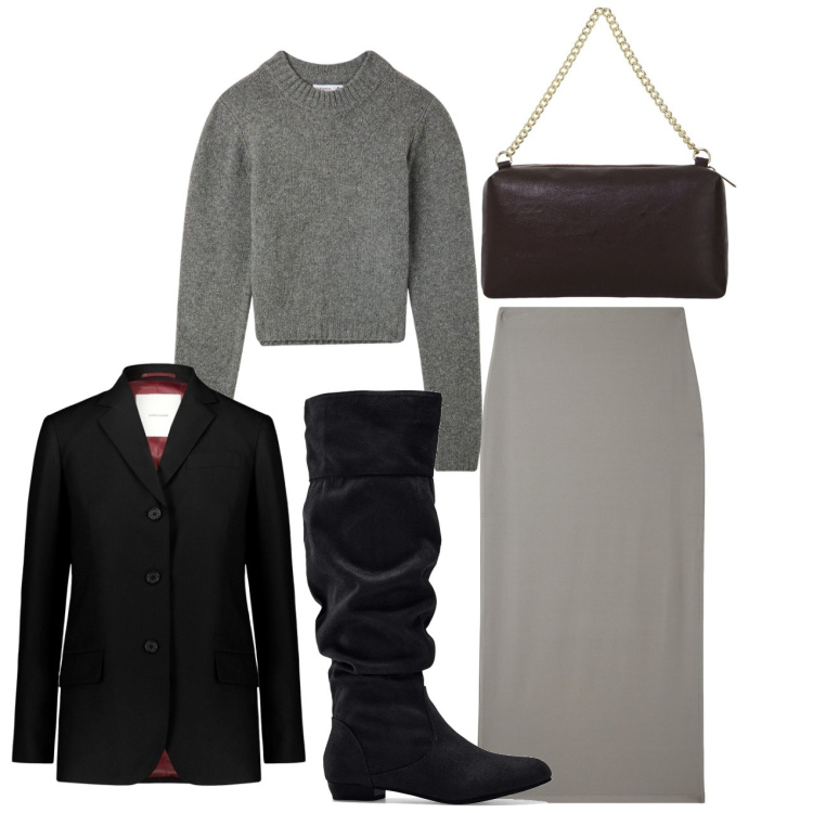 Outfit donna - Elegante e chic. Stile Chic per Ufficio. Abbinamento con stivali, gonne lunghe, maglieria, borse a tracolla, blazer.